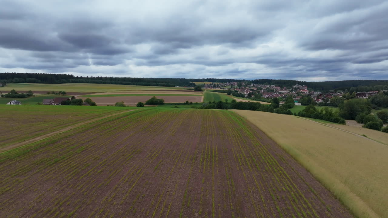 Aerial forward flight over rural fields in Germany