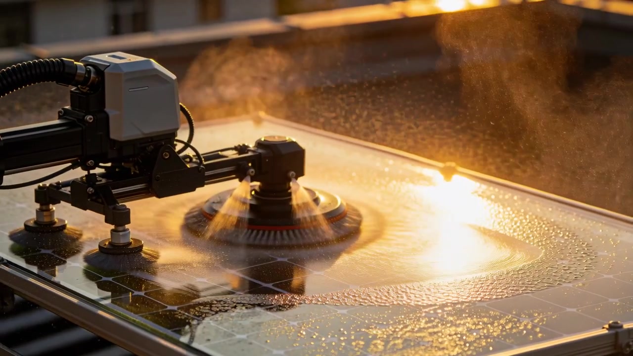 Ein sich absenkender Dachreinigungsroboter schrubbt mit rotierender Bürste eine Glasscheibe zur Wartung, während ein Schlauch Nebel versprüht.