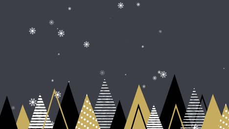 snowflakes falling on christmas trees against grey background