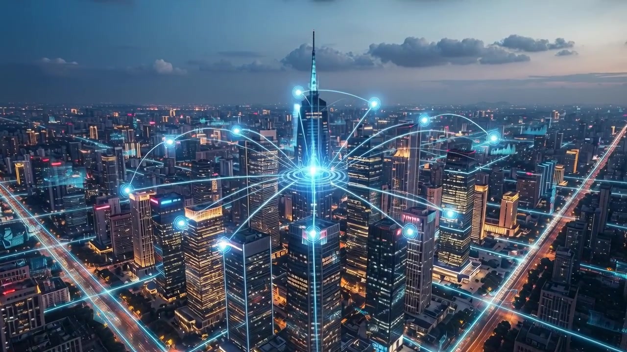 Torre centrale scintillante da un'illuminazione a griglia blu, con un mozzo luminoso in cima a una guglia sopra la città che collega i nodi.