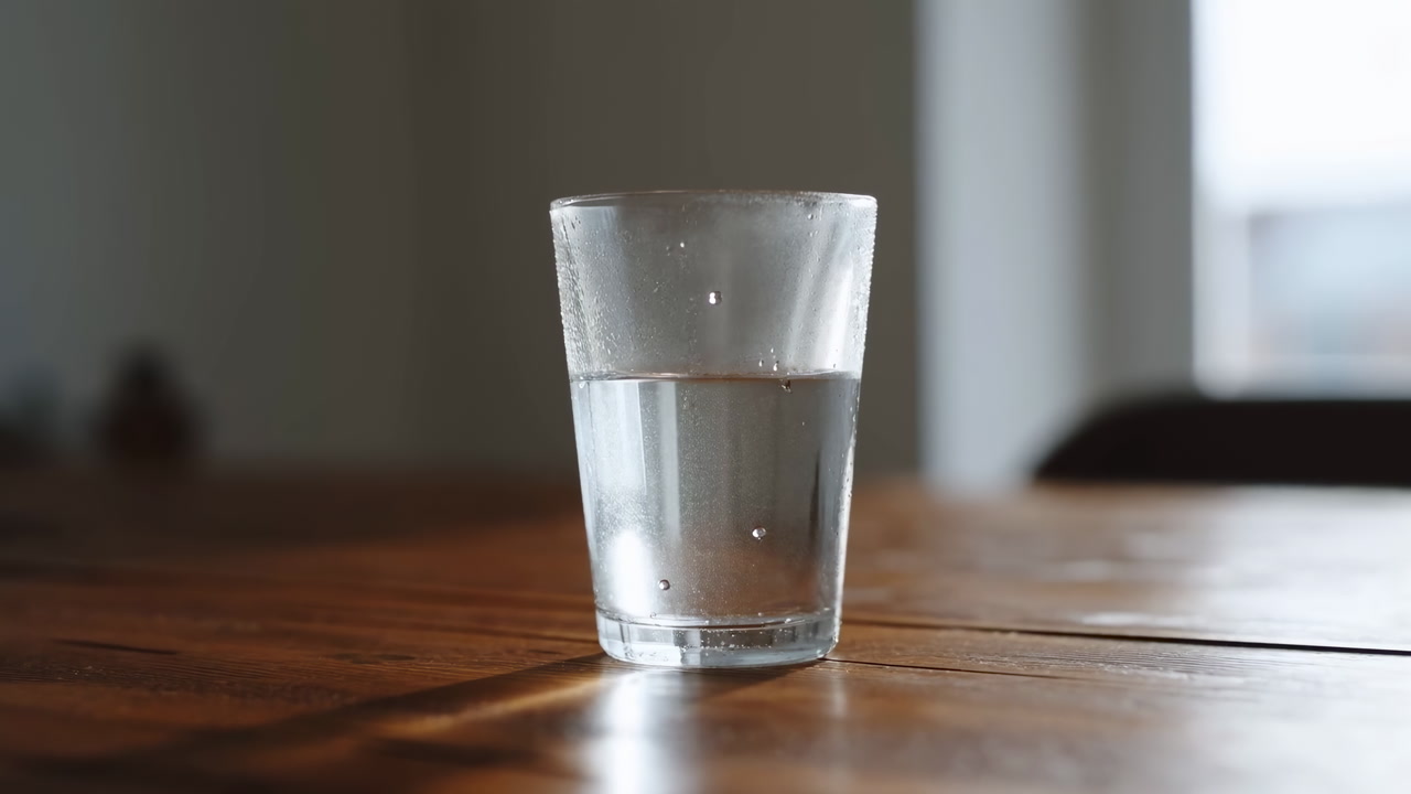 Clear Glass Of Water On Wooden Table Soft Morning Sunlight, Warm Tones, Droplets On Glass, Shallow Depth