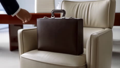 professional placing a briefcase on an armchair in an office
