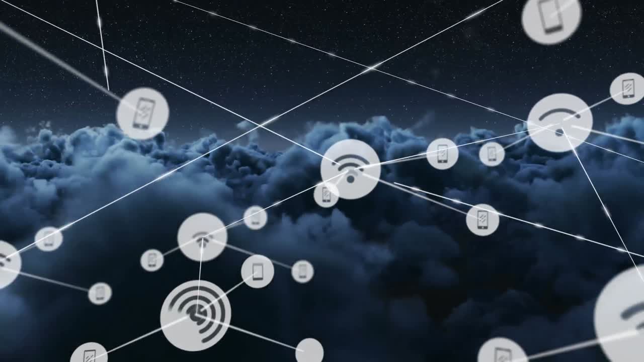 Animation of network of connections with icons over clouds and sky