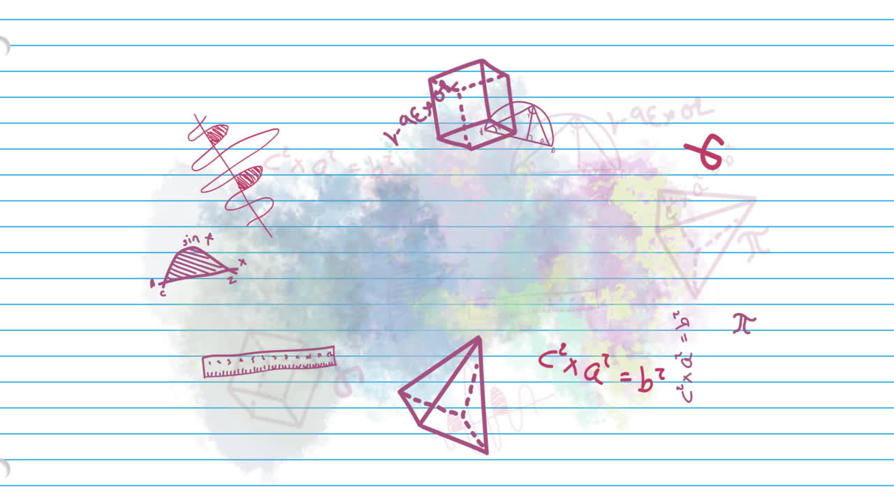 Geometric shapes and mathematical equations animation over watercolor background on lined paper