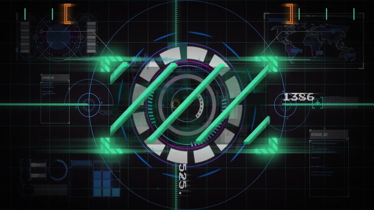 Futuristic HUD animation with rotating elements and data processing indicators