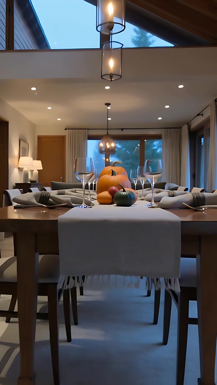 Vertical video: Camera starting pulling back in dining room, revealing pumpkins and wine glasses