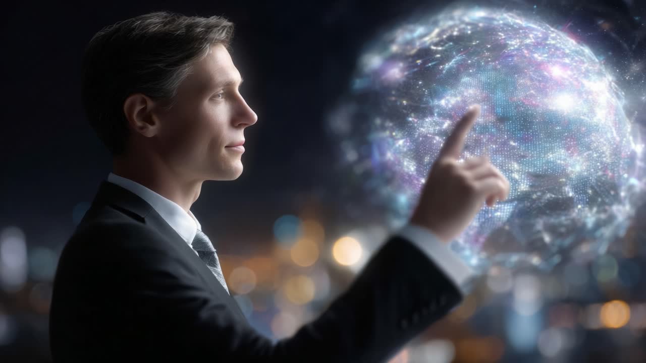 A Focused Man Interacts with a Digital Globe of Light amidst a Cityscape, Representing Innovation in Technology and Global Connectivity