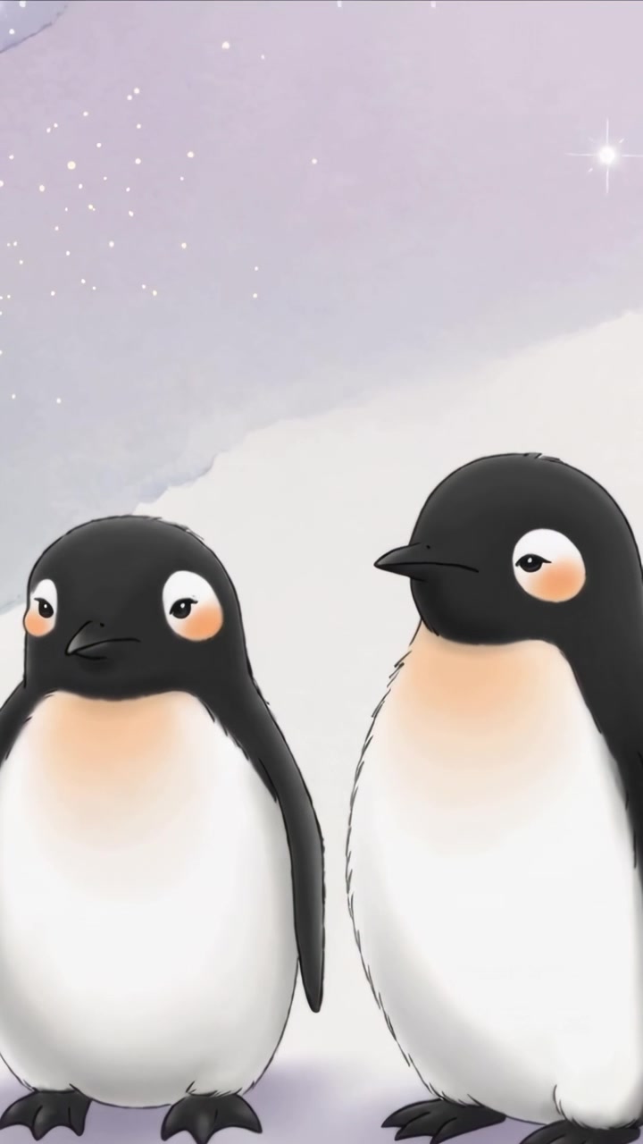 Vertical video: Reacting to sky sparkle, two stylized penguins tilting heads on snowy plain