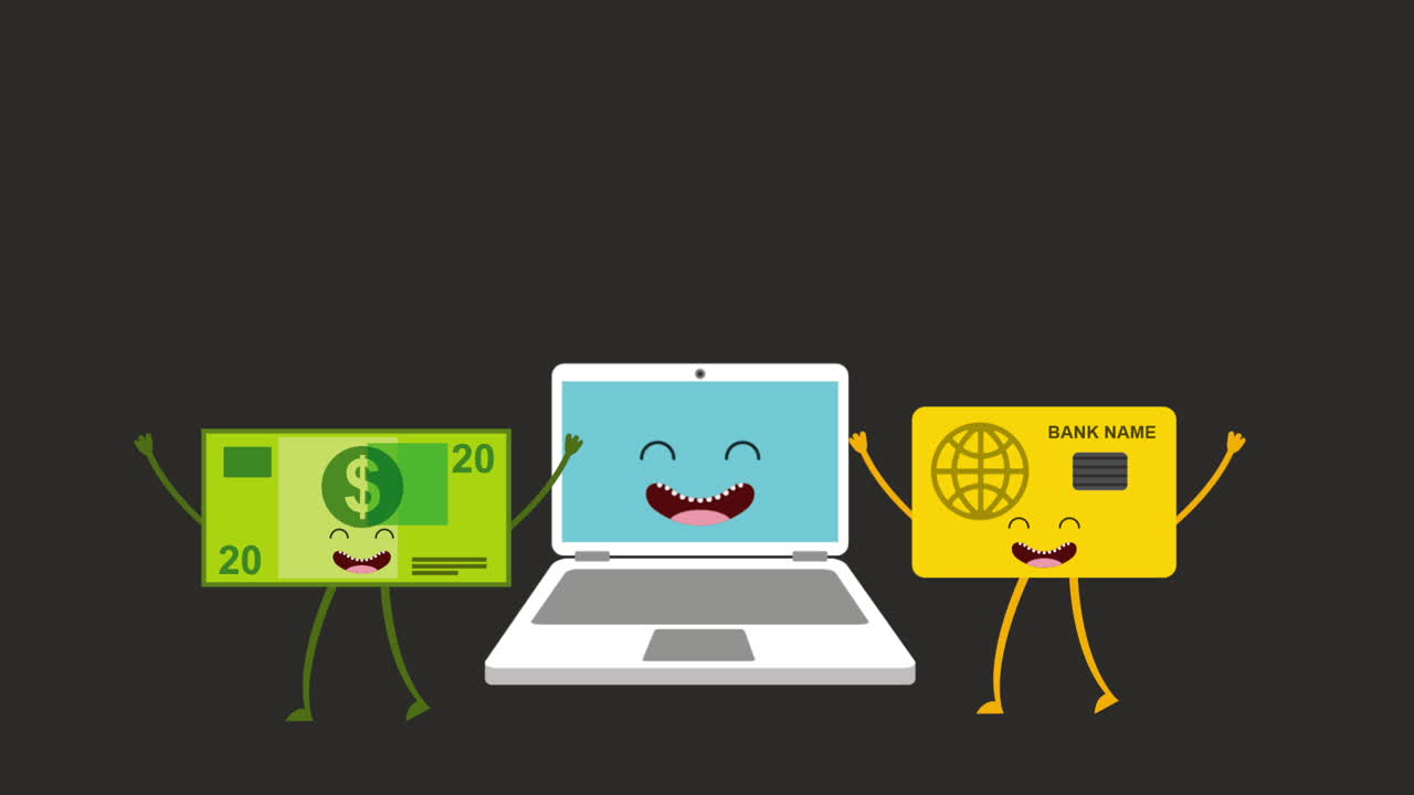 Cartoon Money, Laptop, and Credit Card
