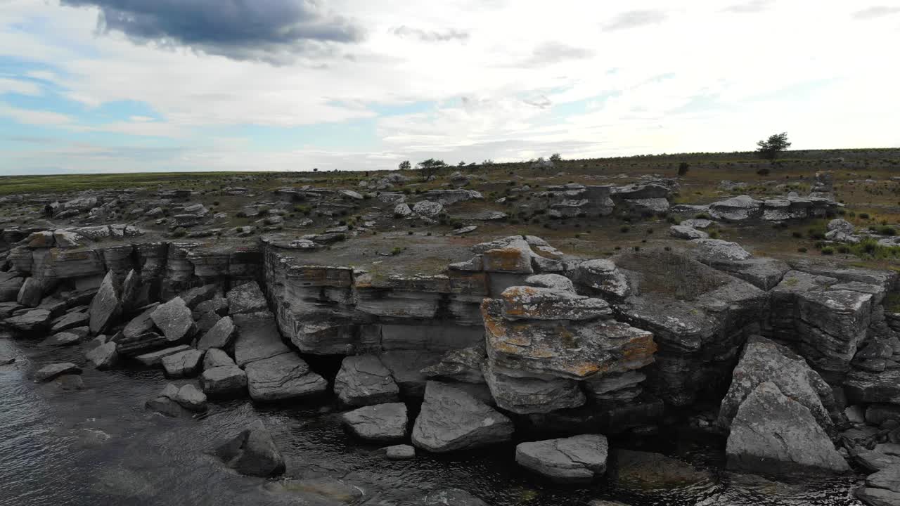 Aerial view of rugged coastline Asunden Rauk Field, Gotland, Sweden