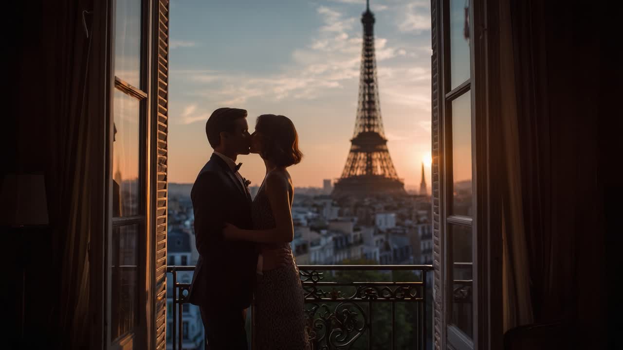 Un abbraccio romantico al tramonto: cattura la magia dell'amore sullo sfondo dell'iconico skyline con una torre al crepuscolo, che emana fascino ed eleganza