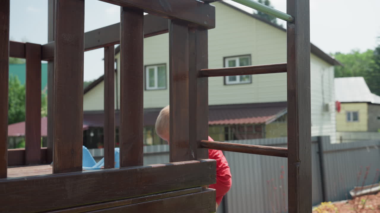 Young Boy Enjoying Adventurous Outdoor Activity, Child Acaoording To Adventure On Bright Summer Day In Backyard, Child Engages In Playful Exploration On Sunny Summer Day In Backyard Structure