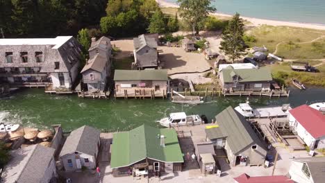 historic fishtown in leland michigan - aerial drone shot