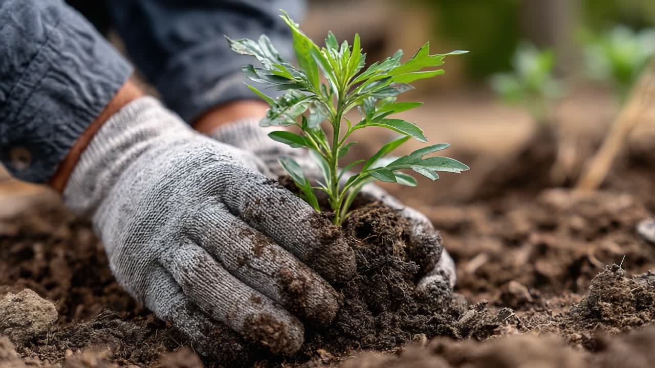 A Gardener Carefully Planting a Young Green Plant into Rich Dark Soil, Nurturing Nature's Growth with Dedicated Hands for a Sustainable Future