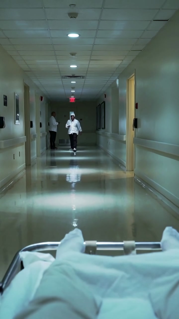 Vertical video: Pushing patient gurney for transfer, staff in white walking down medical hall, exit