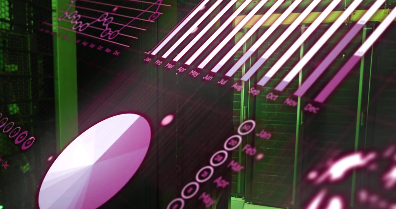 Magenta graphic overlay sliding over server rack, triggered by data stream, showing monthly metrics