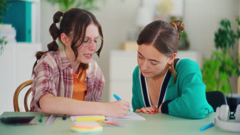 mother and daughter solve homework for school together, mother helps her daughter with her studies