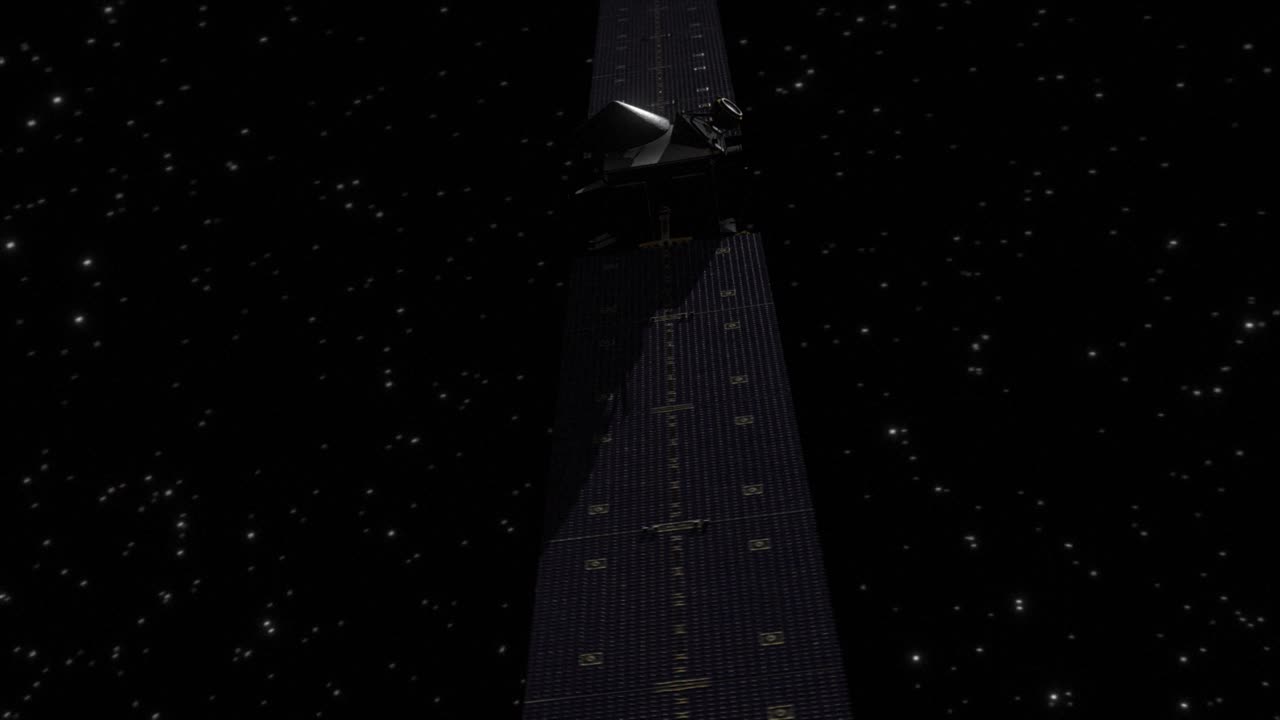 고품질의 매우 상세한 cgi 렌더링으로 거대한 소행성 베스타에 대한 임무에서 우주 탐사선 dawn의 부드러운 비행 을 보여줍니다.