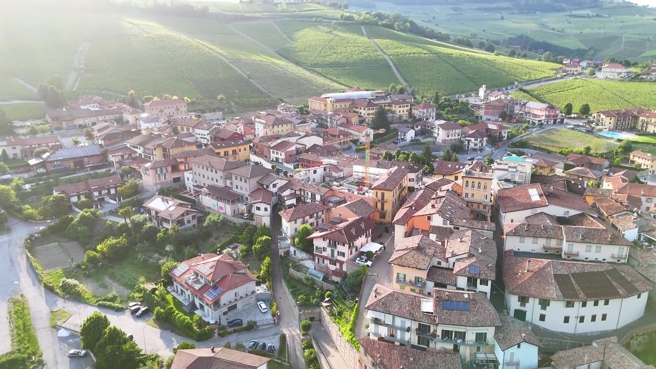 Riprese con drone rivelano l'architettura storica italiana e rigogliosi vigneti verdi sotto la soffice luce del sole mattutino