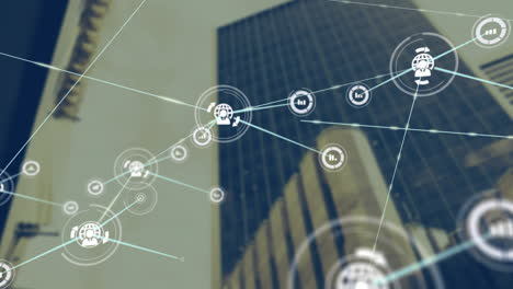 network connections and data processing animation over modern office building