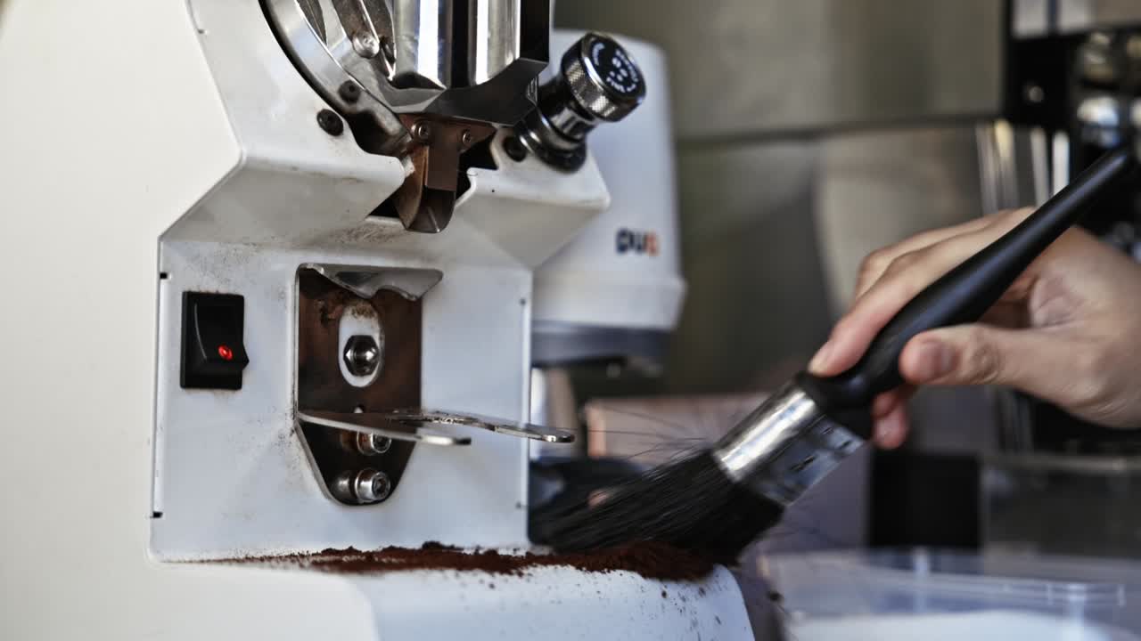 Close-up slow motion of barista brushing coffee grinder chute and burrs, removing grounds buildup in a café setting. Routine espresso equipment maintenance