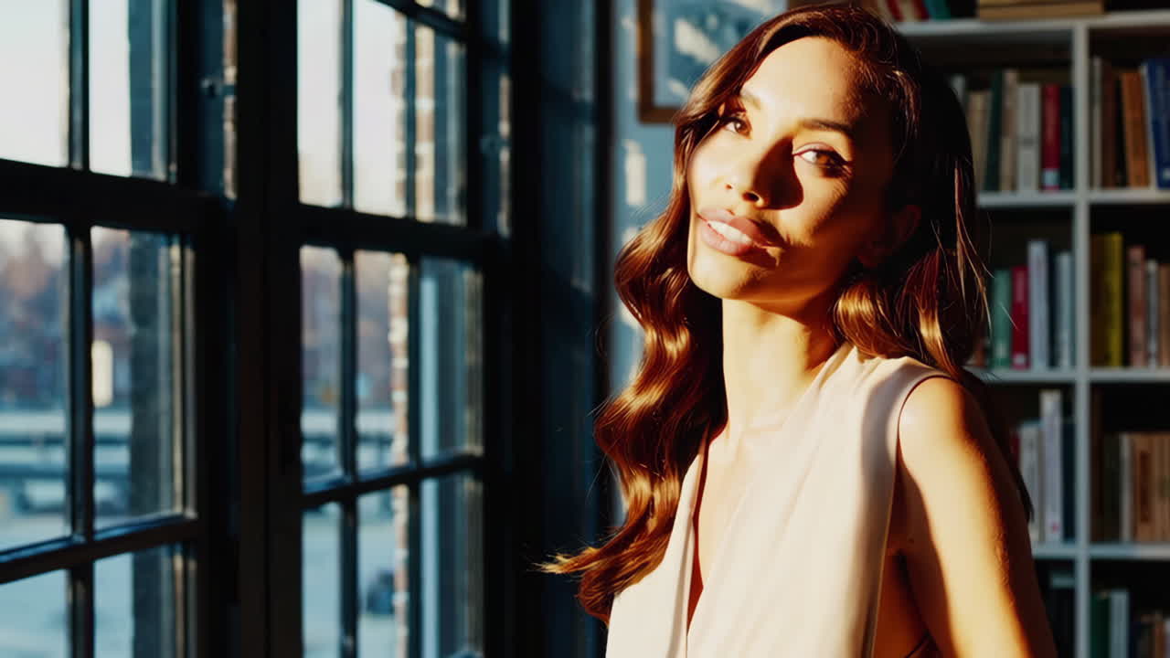 Woman speaking in a library by the window