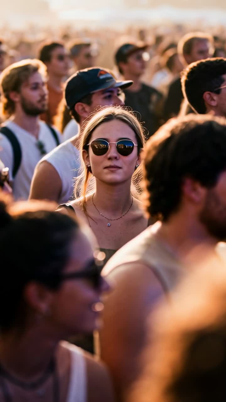 Video verticale: Donna che si volta a guardare il palco mentre la musica inizia a un concerto, con occhiali da sole.