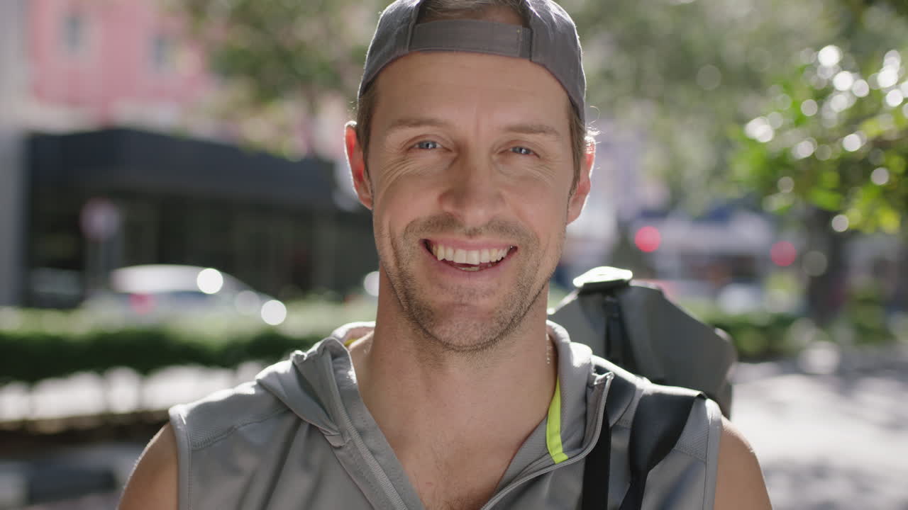 portrait of attractive fit young man wearing sportswear smiling happy cheerful enjoying city lifestyle