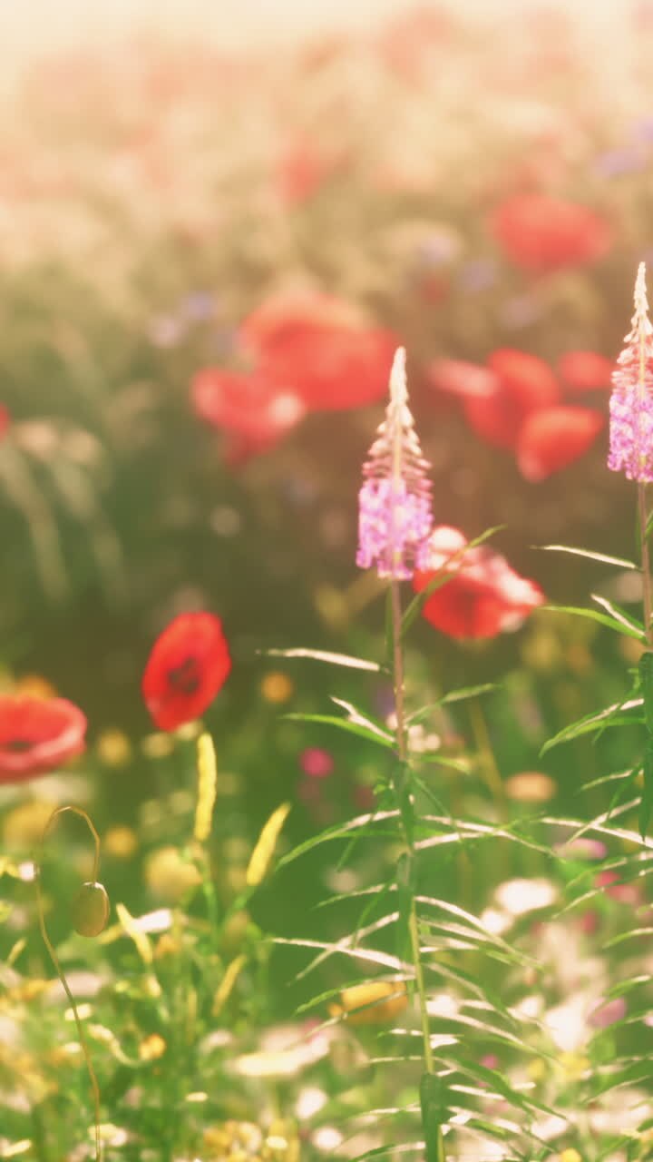 Real field and flowers at sunset