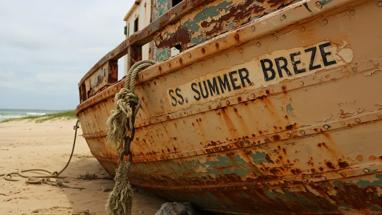 The Rusted Remains of the SS Summer Breeze: A Weathered Shipwreck on the Shoreline, Capturing the Essence of Time and Nature’s Relentless Erosion