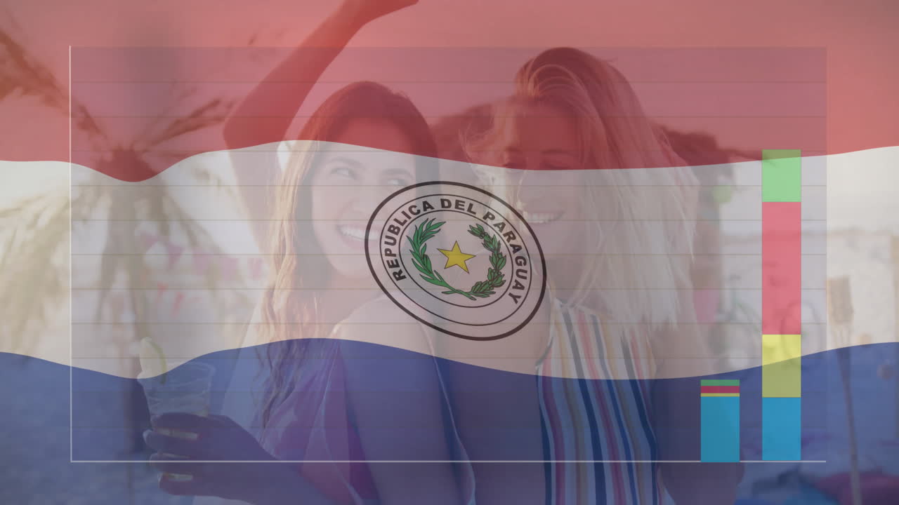 Animation of Paraguay flag overlaying people at beach with colorful charts
