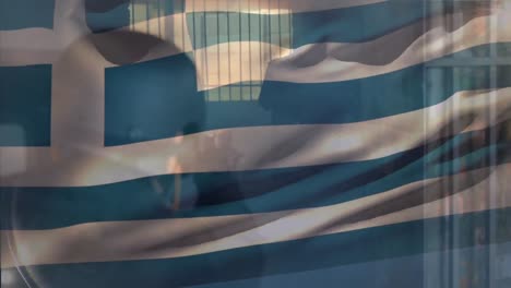 animación de la bandera de grecia ondeando sobre un soldado disparando balas con un arma contra un objetivo ficticio