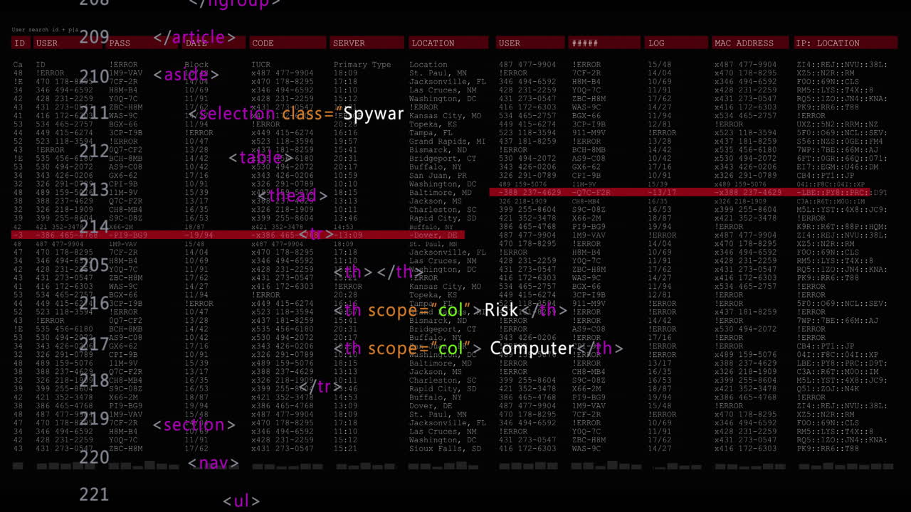 Animation of red lines and security warnings over data processing on black background