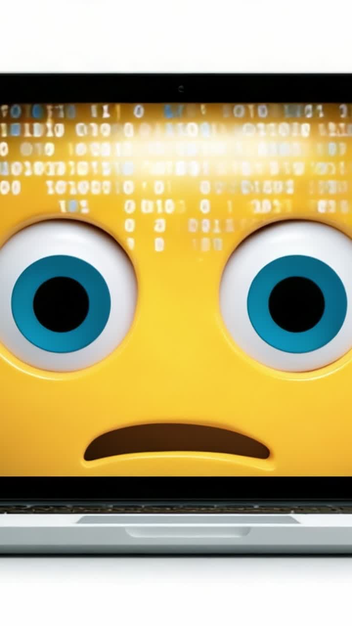 A Surprised Emoji Face with Big Blue Eyes Displayed on a Laptop Screen Surrounded by Binary Code Symbols Reflecting a Digital Dilemma or Confusion
