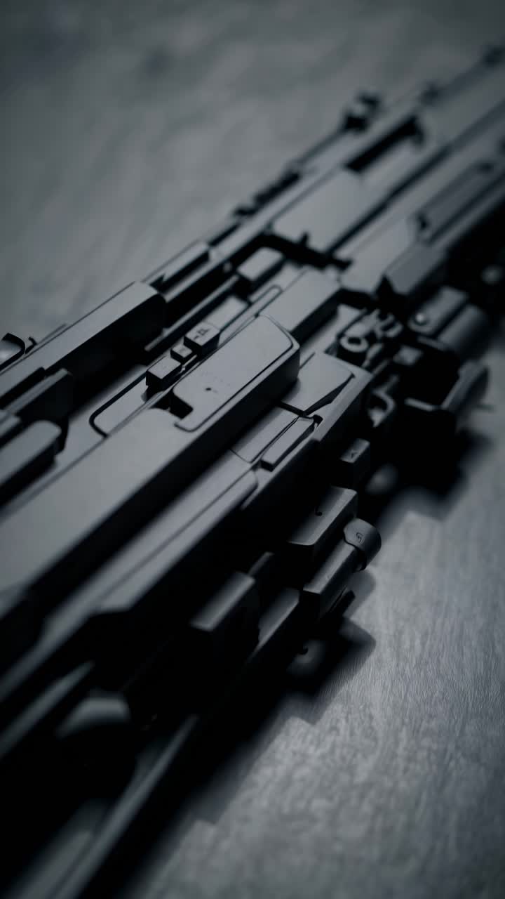 A futuristic weapon lies on a textured surface, captured from a low-angle shot