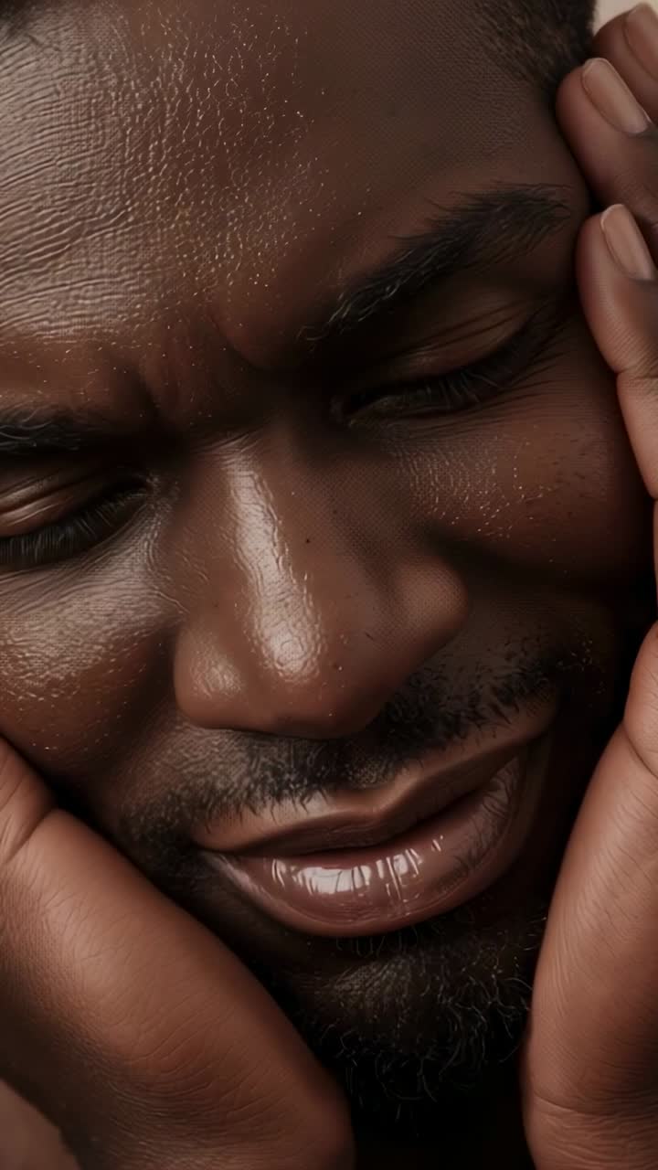 Vídeo vertical: Close-up de um homem colocando as mãos no rosto e respirando em um estúdio, com barba por fazer e pele à mostra