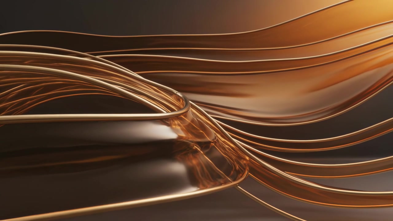 Pulling virtual camera back revealing copper tubes and ribbons sliding around glossy base in studio