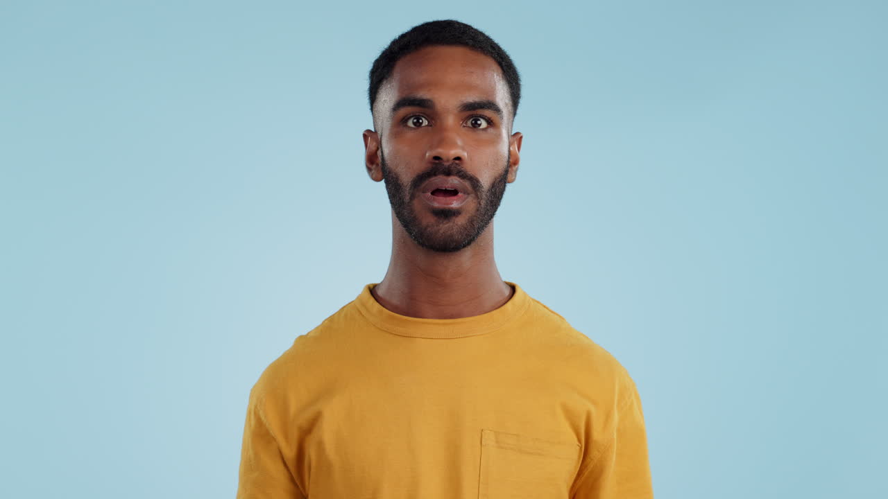 Wow, face and man with mind blowing news in studio