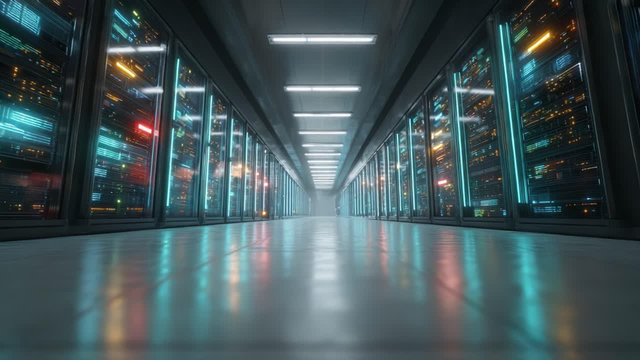 A Stunning View Inside a High-Tech Data Center Featuring Rows of Server Racks and Futuristic Lighting Elements, Showcasing the Cutting-Edge Technology of Modern Computing