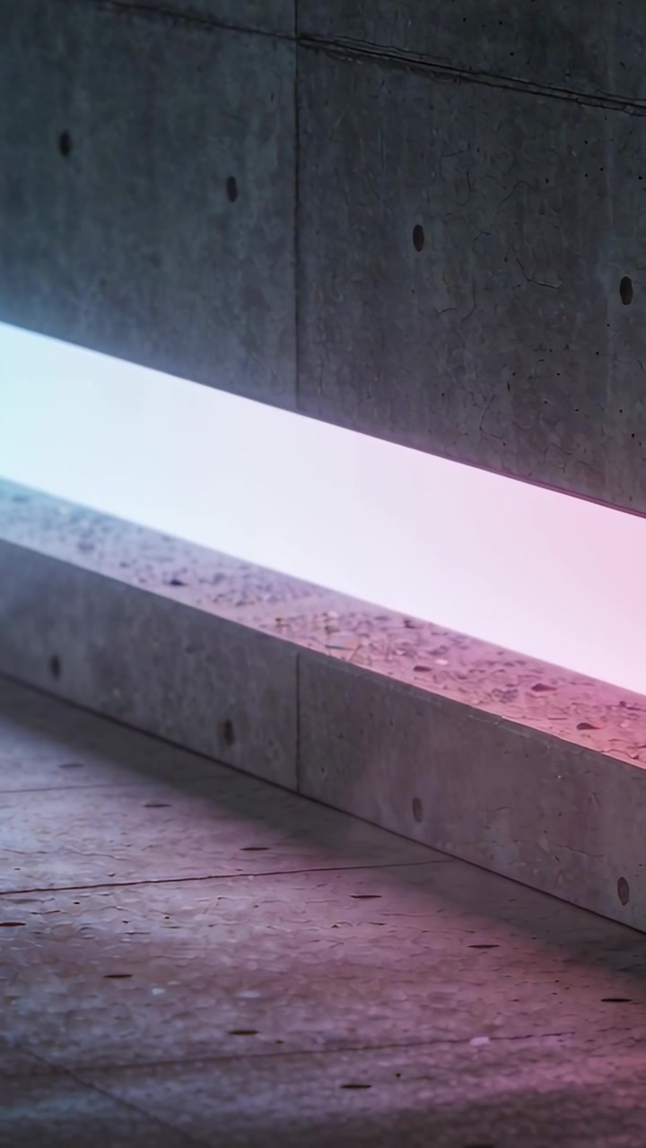 Vertical video: Activating LED band on start in concrete hall, shifting cyan to pink across ledge