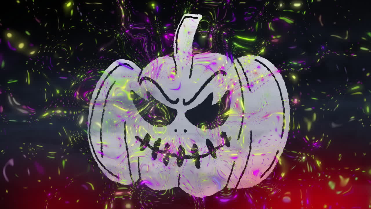 Zucca di Halloween bianca animata come illustrazione glitch psichedelica, con vortici di luce neon luminosi.