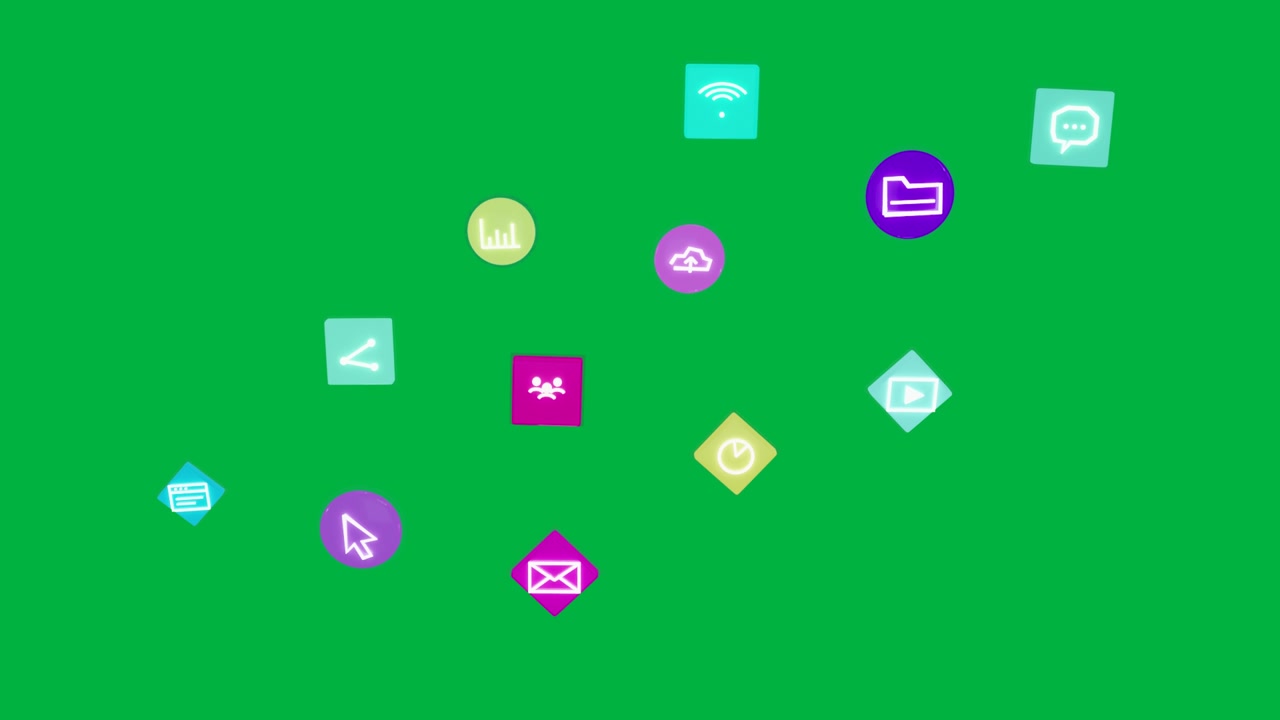 Diamante ciano pulsante, icone che appaiono e si raggruppano, visualizzando una rete di app su tela trasparente.