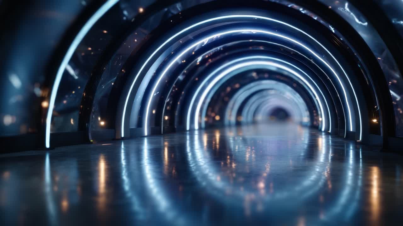 A mesmerizing, futuristic corridor illuminated by glowing arches and reflective surfaces, showcasing the beauty of modern architectural design and ambient lighting