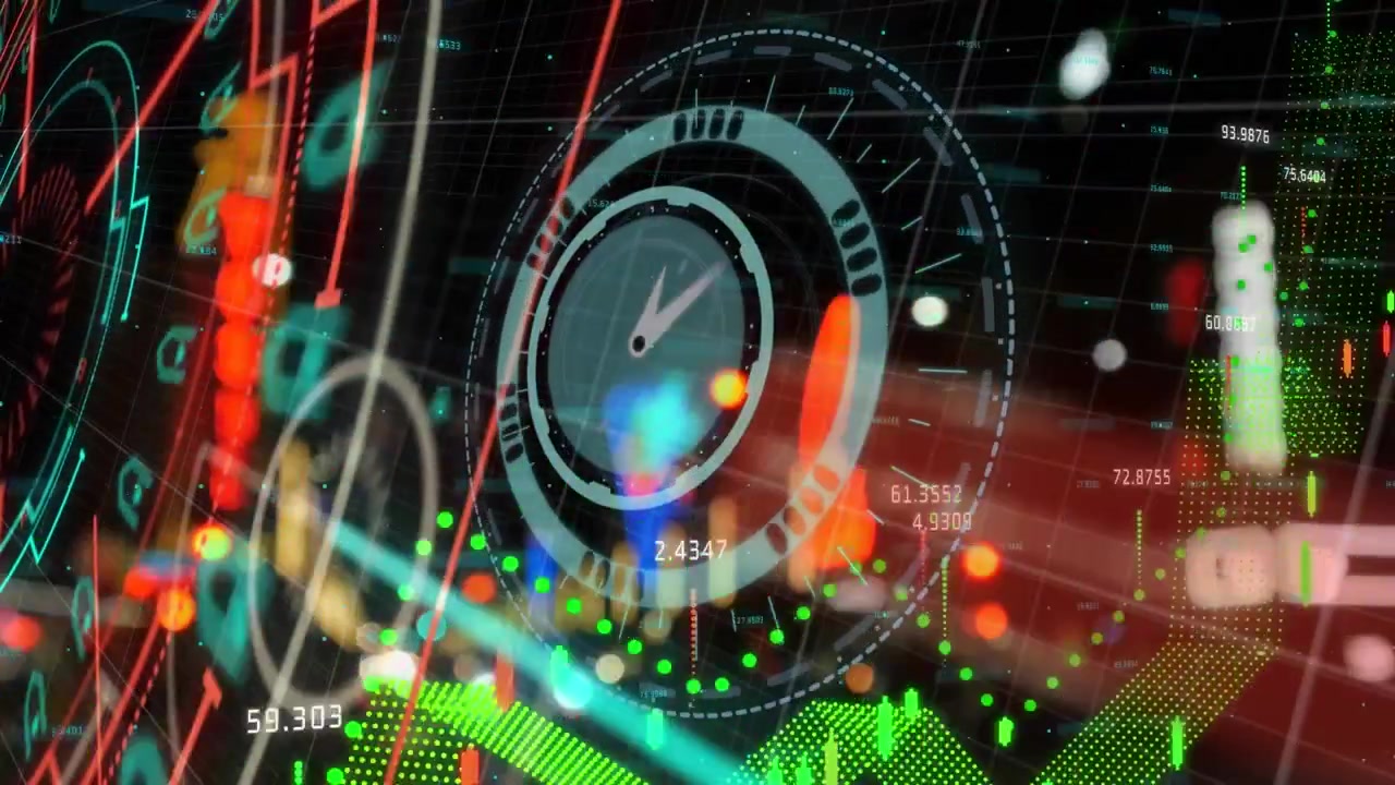 Digital Data Overlay with Financial Graphs and City Lights Background