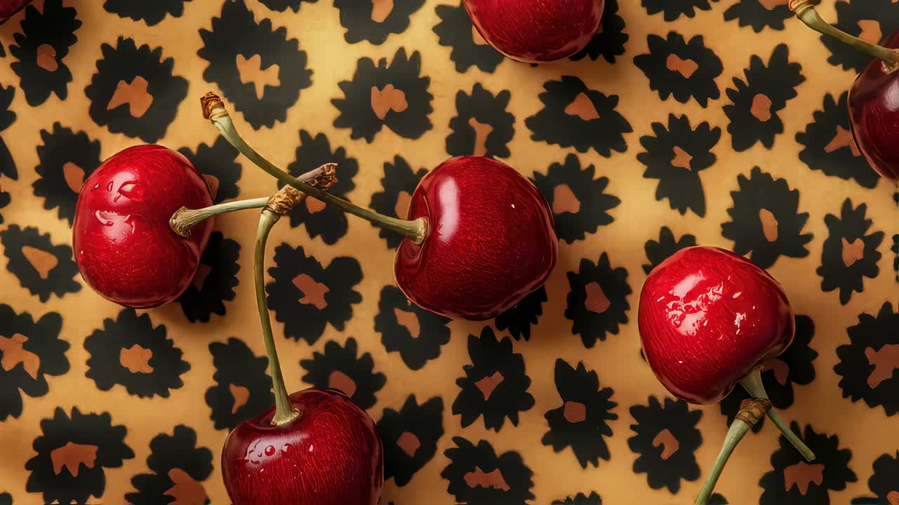 Fresh, juicy cherries slowly rotate on a vibrant leopard print background, creating a visually appealing contrast between the bright red fruit and the bold animal pattern