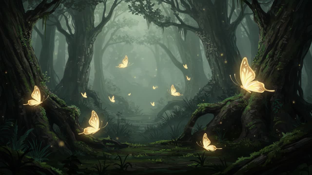 A Mystical Forest Glade Illuminated by Glowing Butterflies, Enveloped in an Enchanting Atmosphere of Soft Light and Dreamlike Serenity