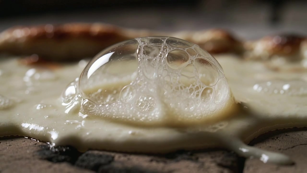 Formazione di bolle di formaggio fuso lucido causate dal calore del forno su una pietra refrattaria per pizza, con visibili celle di schiuma