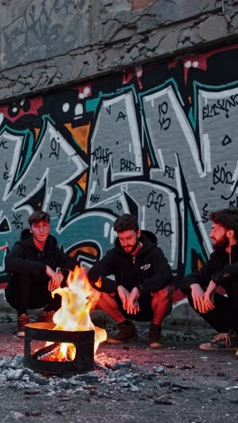 three young men, likely artists or designers given their casual attire and the urban setting, gather around a metal fire pit, finding warmth and camaraderie against a graffiti covered wall