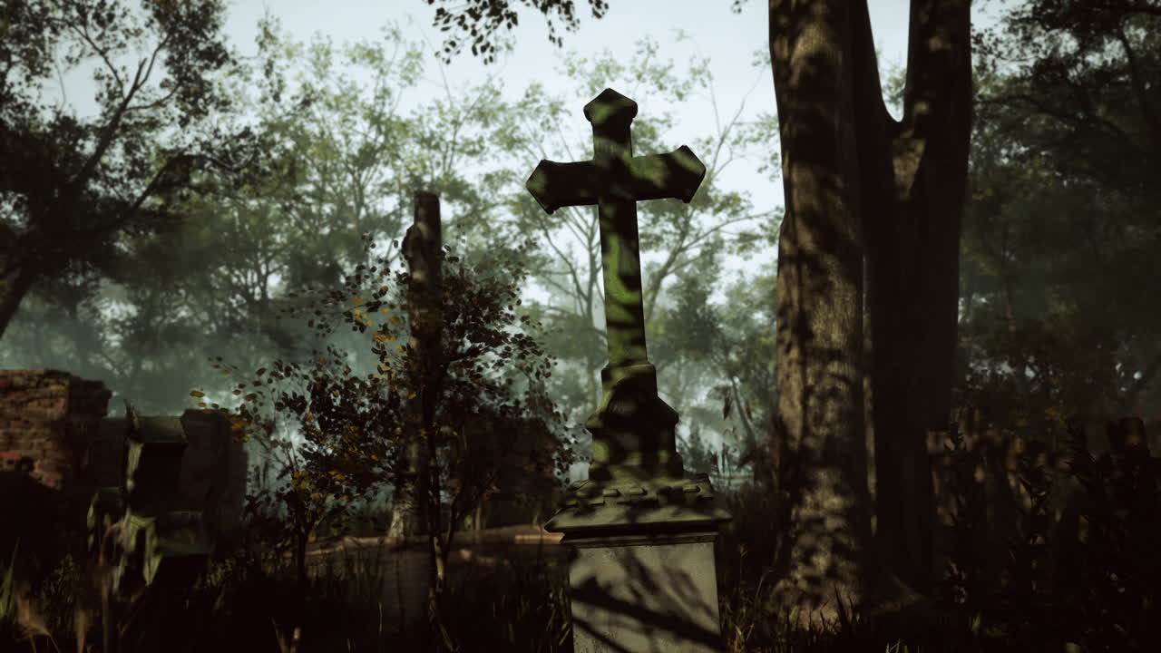 una cruz se alza en un cementerio espeluznante