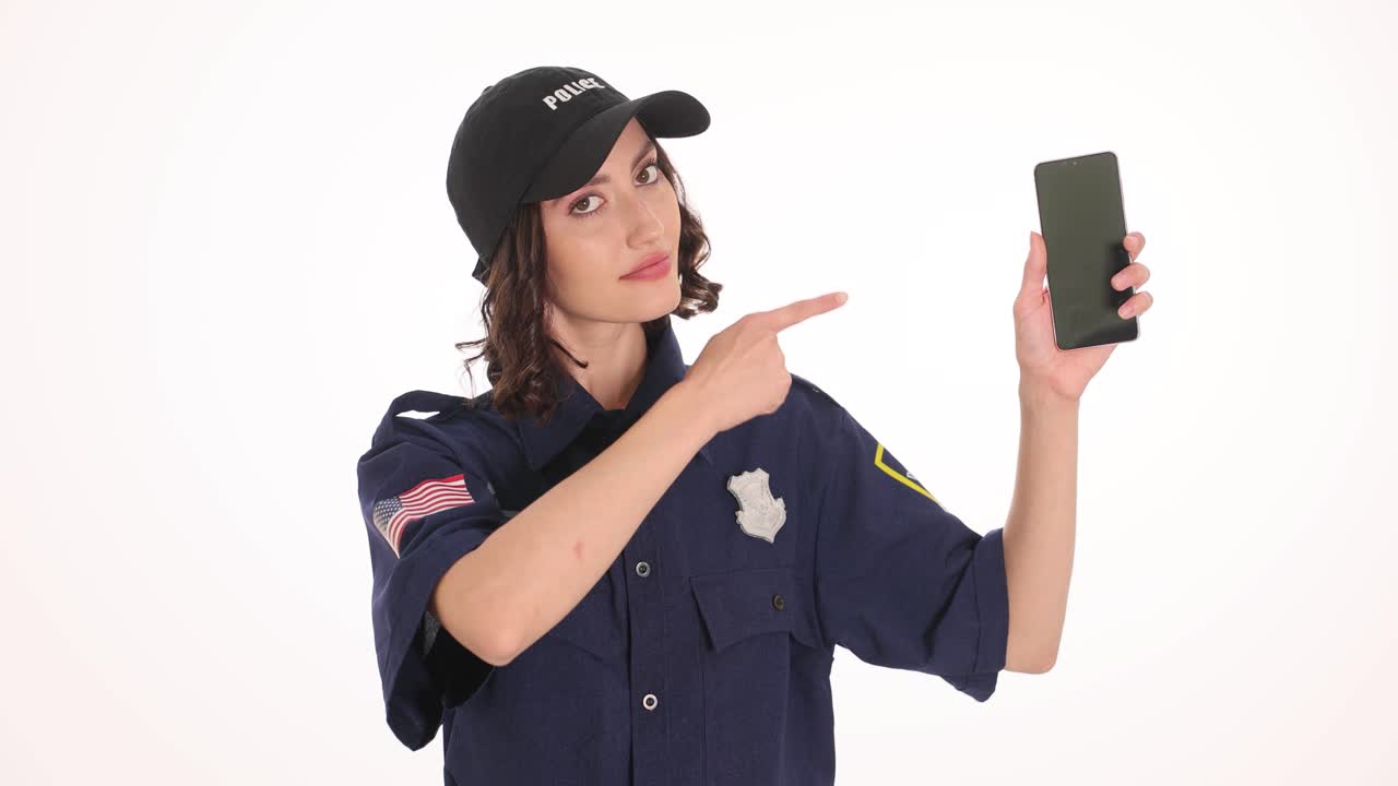Female Police Officer Pointing and Presenting a Smartphone